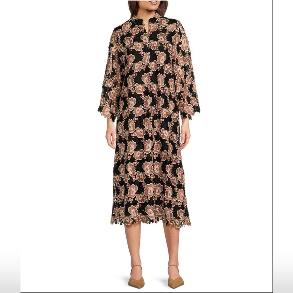 J.Marie Talia Floral Lace Mandarin Collar Long Bell Sleeve Shift Midi Dress